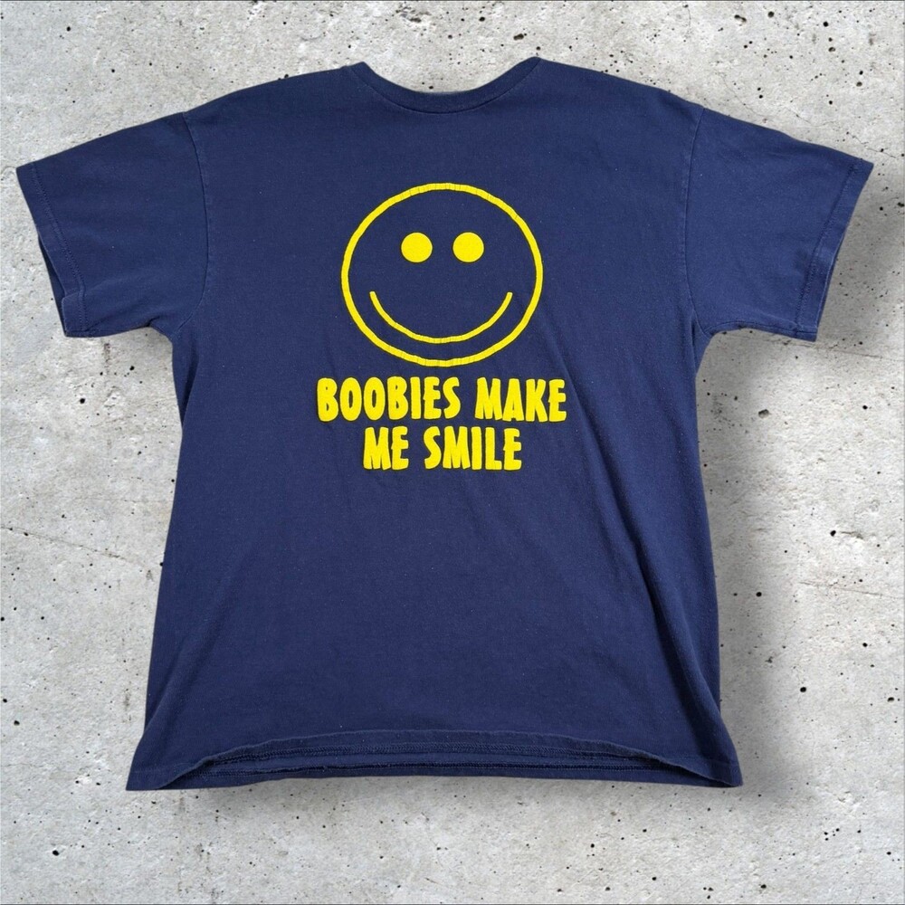 Smiley Face Boobies Make Me Smile Funny Graphic T-Shirt Navy Large Spencers